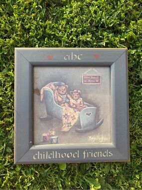 Vintage Children’s Wood Square Picture Frame Teddy Bears Hanging Wall Mount